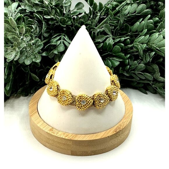 Gold Tone Textured Heart Link Bracelet With Clear Rhinestones and Fold-Over Clas - Picture 7 of 8